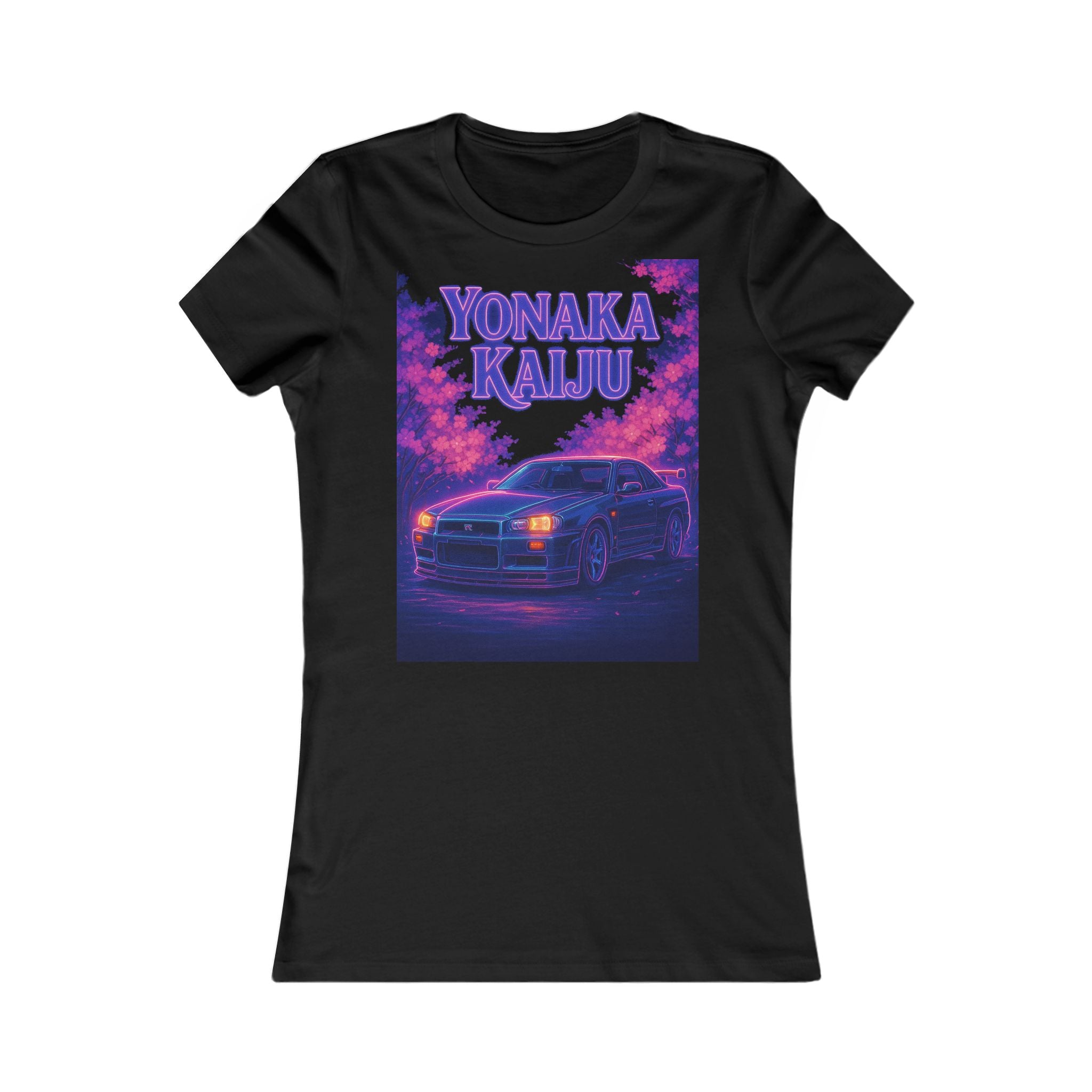 Yonaka Kaiju Car Tee — Retro Neon Sakura Racing Women’s T‑Shirt