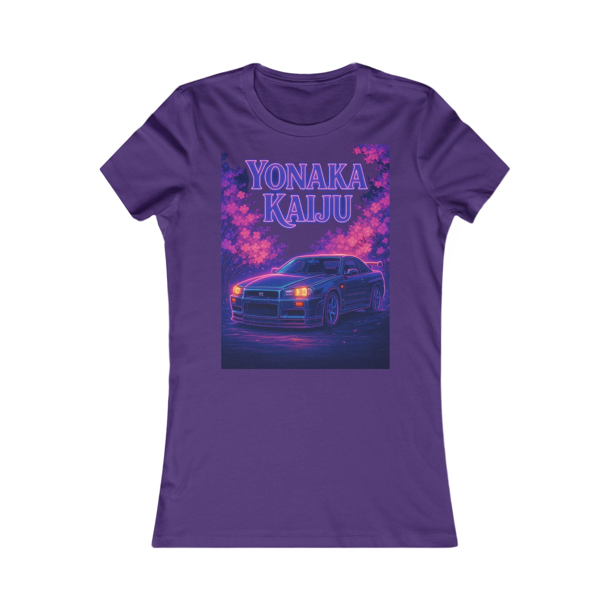 Yonaka Kaiju Car Tee — Retro Neon Sakura Racing Women’s T‑Shirt