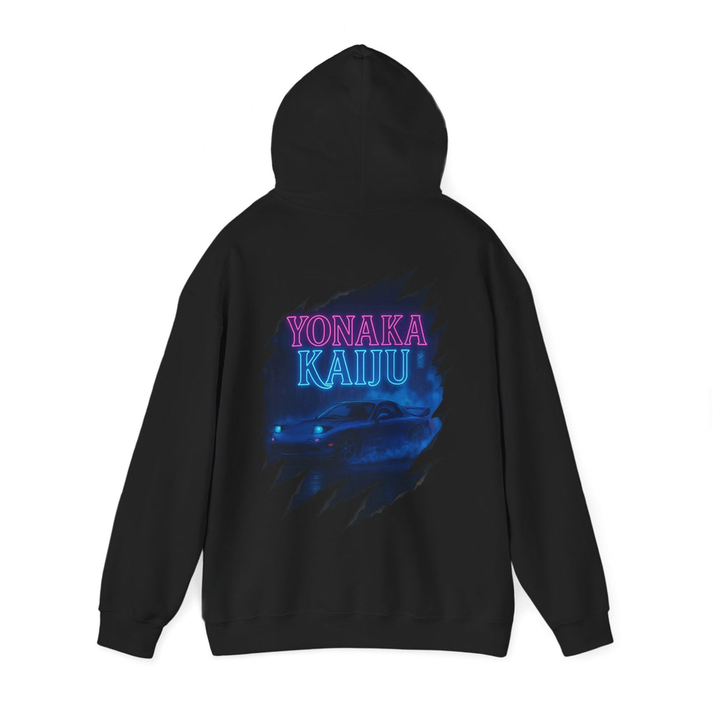 Kaiju Night Graphic Hoodie — "YONAKA KAIJU" Retro Neon Monster